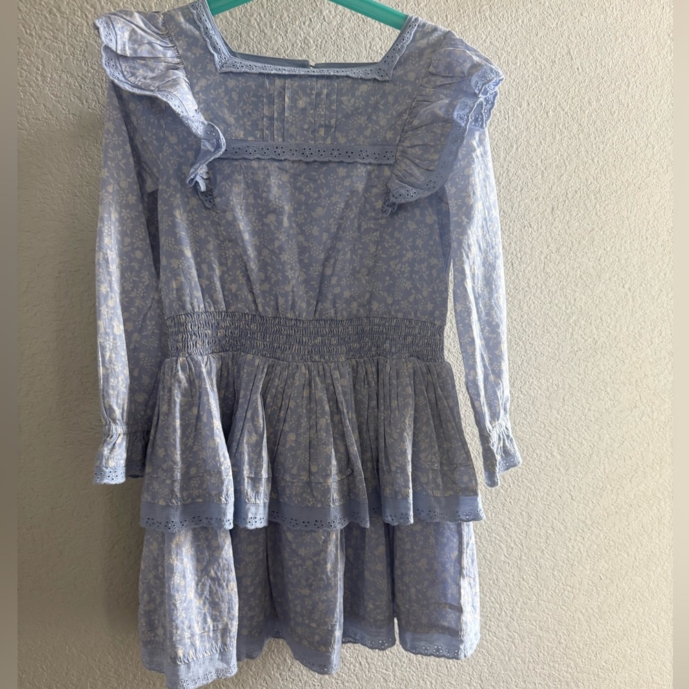 Mini Boden size 6-7 blue floral ruffle like new summer dress long sleeve